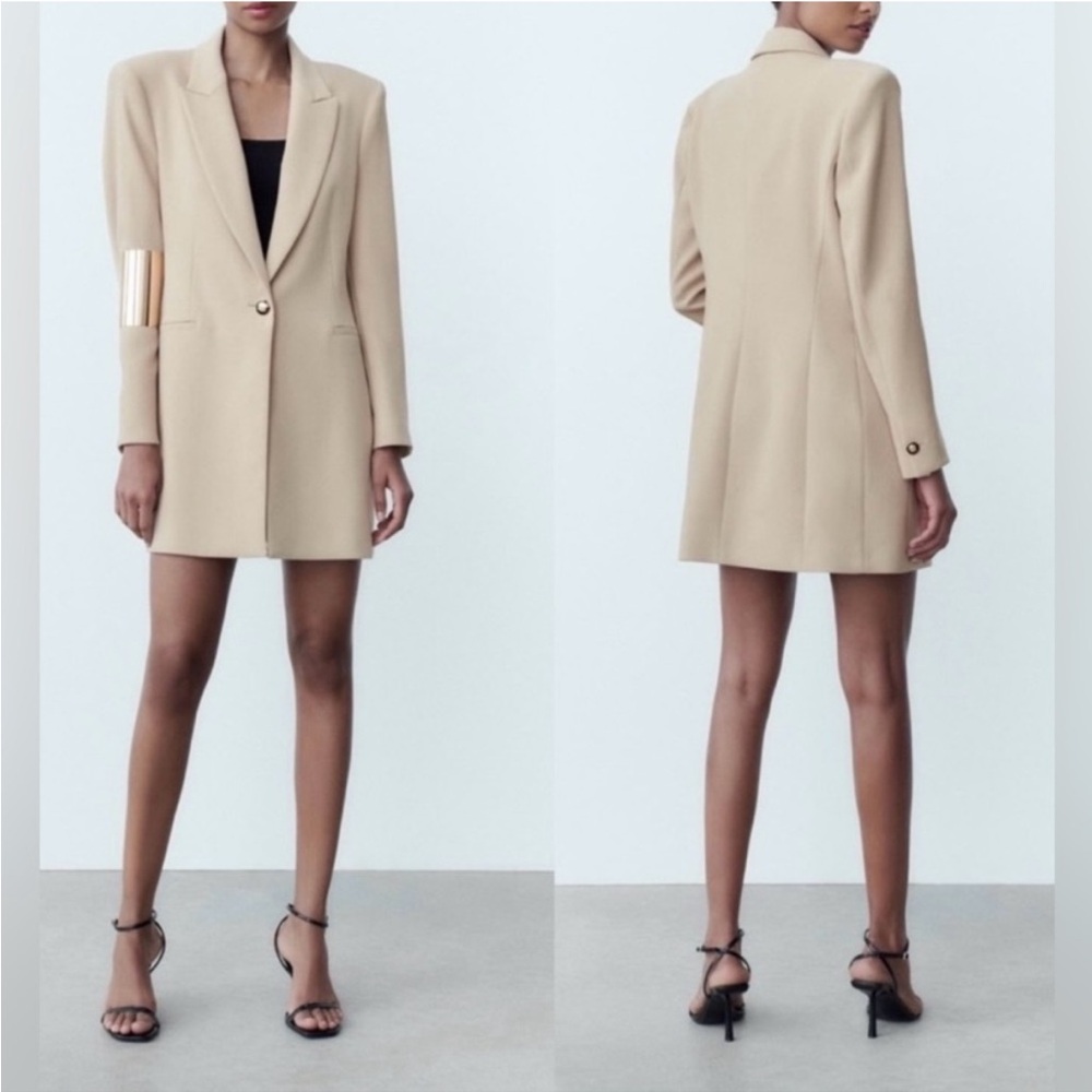 Zara Long Blazer with Single Gold Button Women’s Size Small Tan Beige